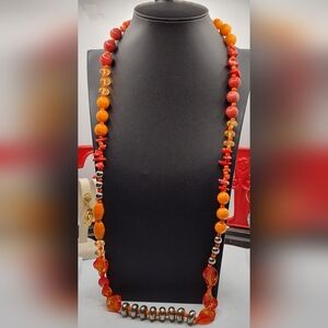 Vintage Glass Red, Orange, Yellow & Silver Beads and Red Coral Necklace